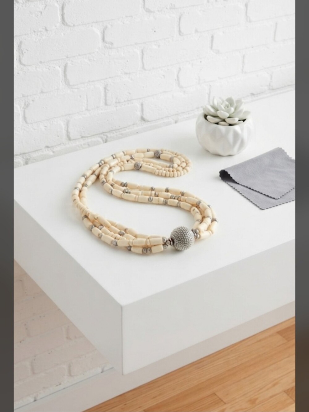 Vintage Cream Multi-Strand Beaded Necklace with Silver Accent